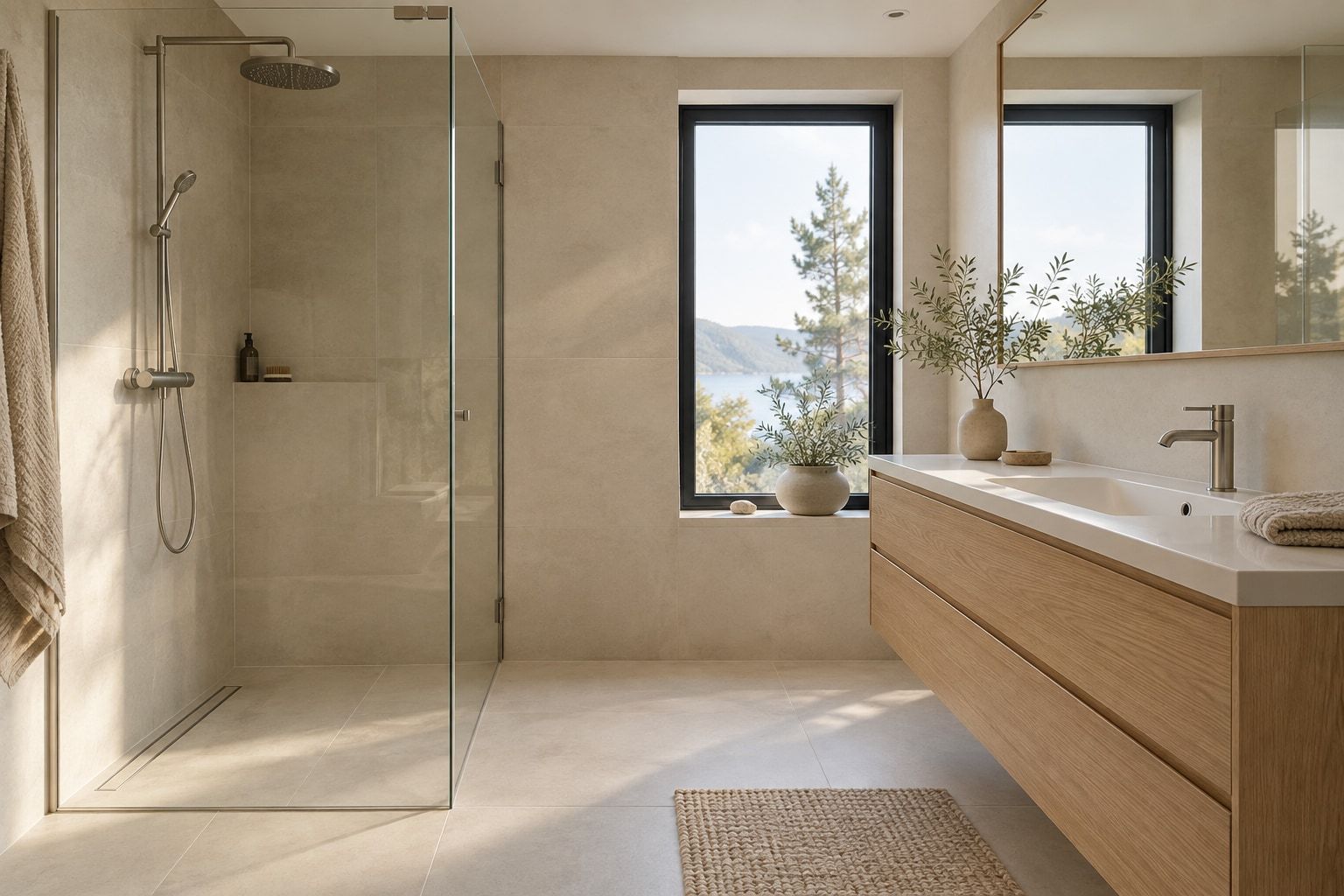 Lyst bad i nordisk stil med walk-in-dusj bak glassvegg, stort vindu mot skog og fjord, og innredning i eik med hvit servant.