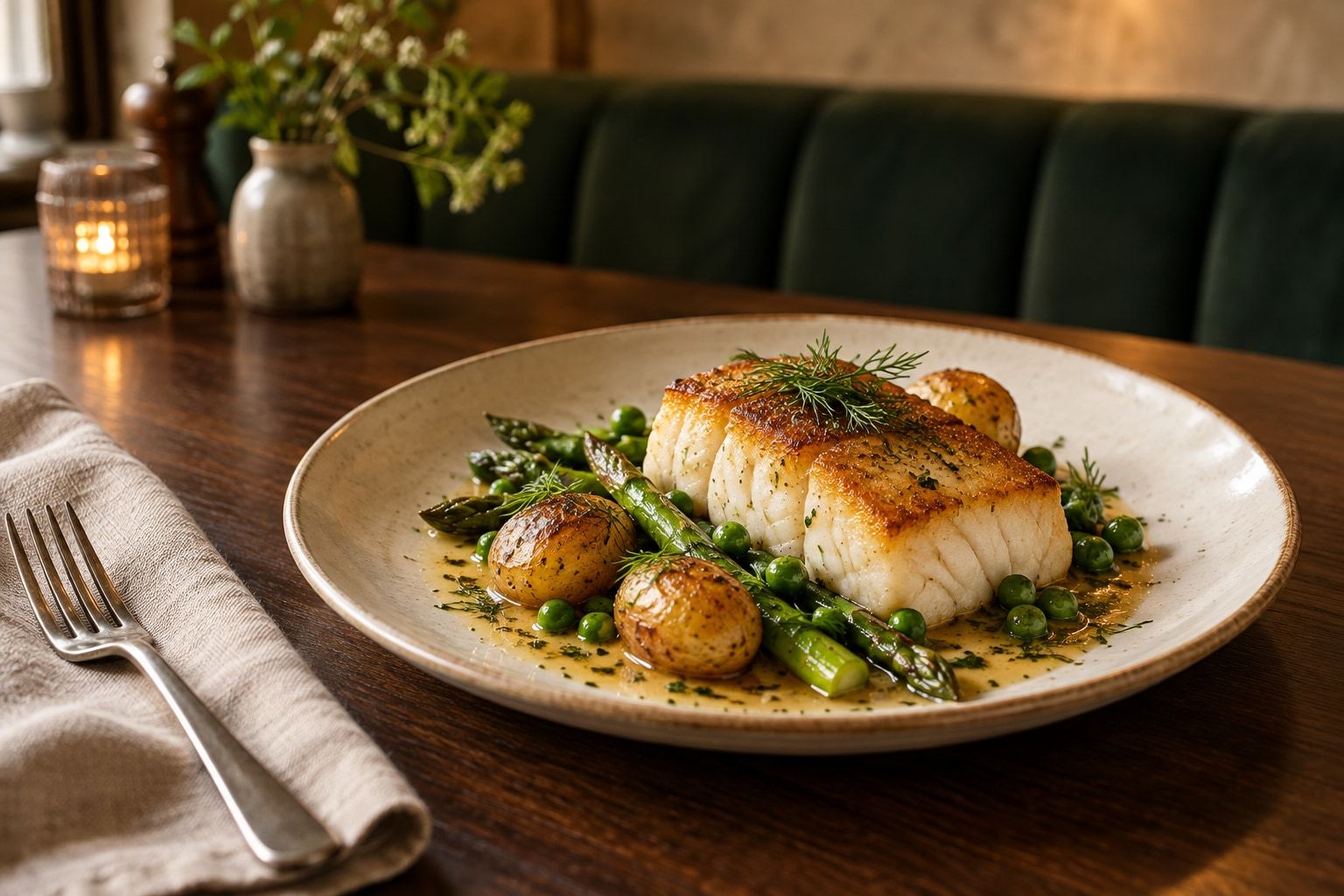 Stekt torskefilet med dill på småpoteter, asparges og erter i brunet smør, servert på en lys keramikktallerken.