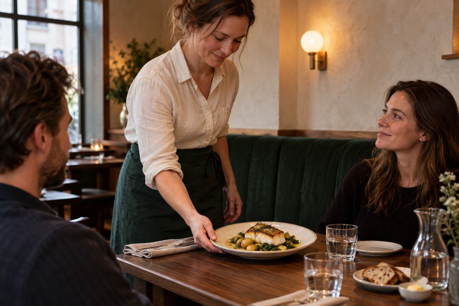 En servitør setter en tallerken med stekt torsk på et trebord foran to gjester i en varmt opplyst bistro med grønn sittebenk.