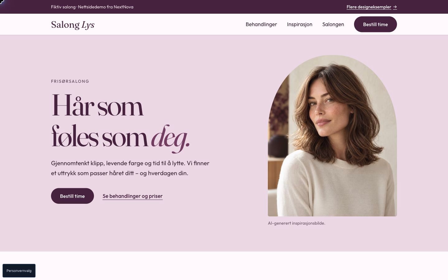 Skjermbilde fra designeksempelet Salong Lys