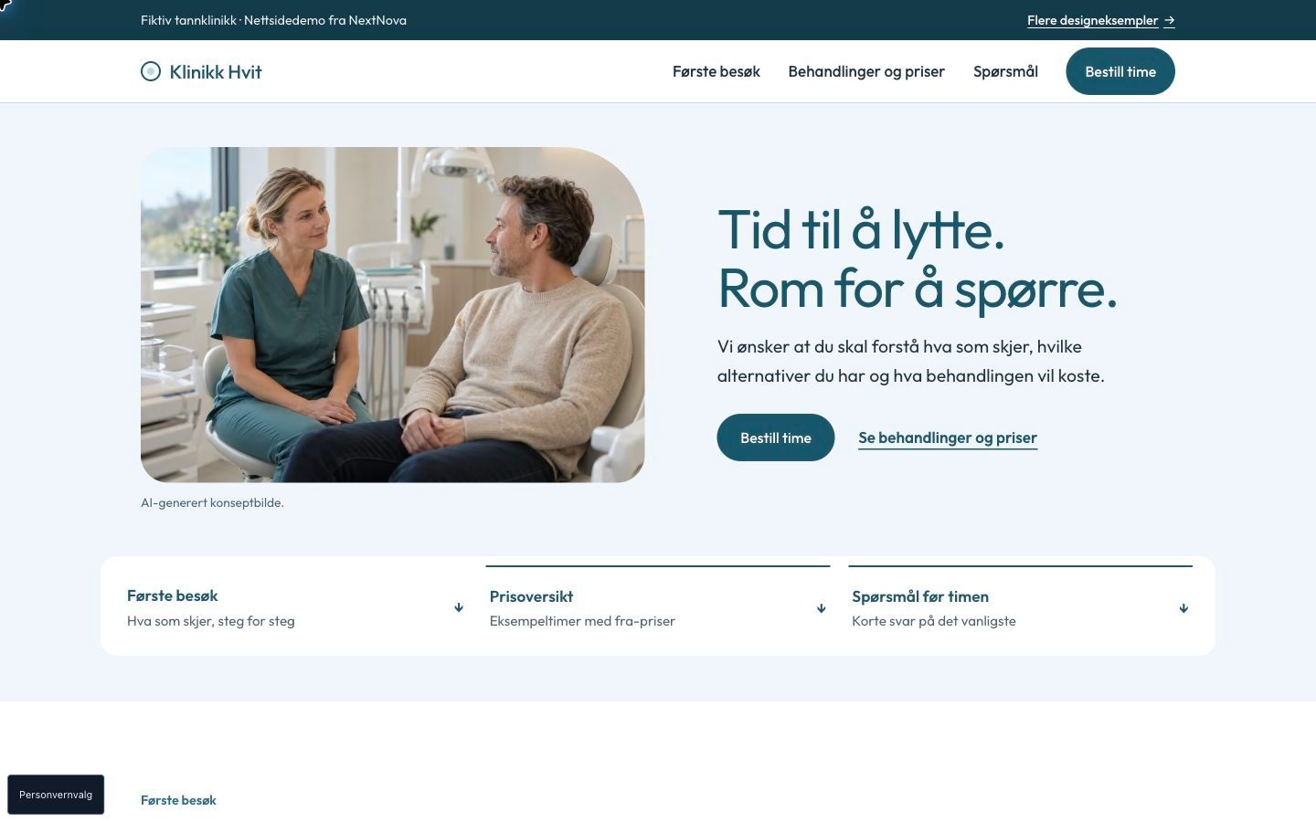 Skjermbilde fra designeksempelet Klinikk Hvit