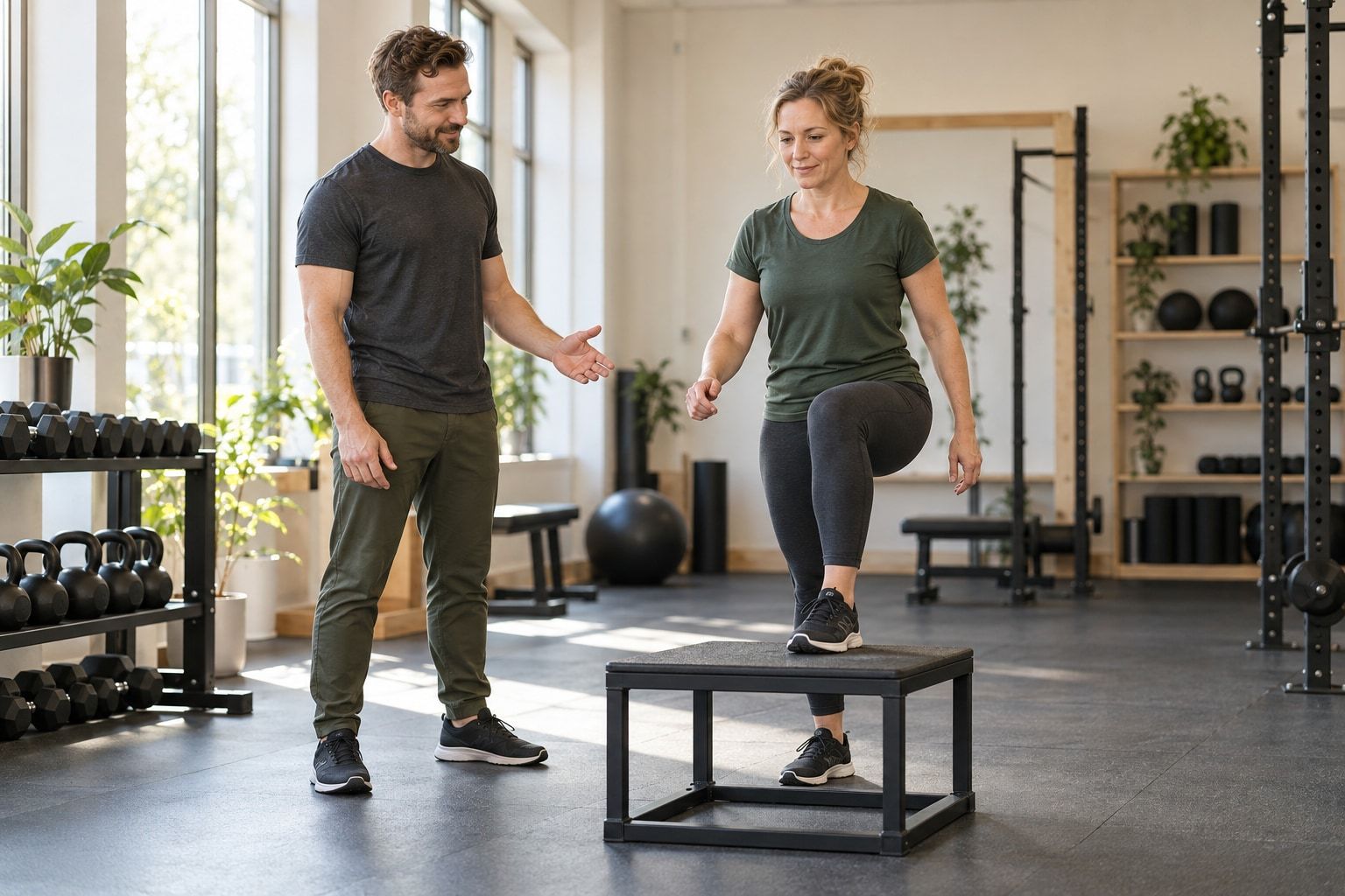 En trener står ved siden av og veileder en kvinne som gjør et steg opp på en lav treningsplattform i et lyst studio med manualer og kettlebells.