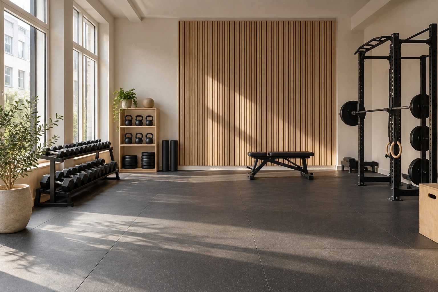 Lyst og ryddig treningslokale med store vinduer, en vegg med eikelister, manualstativ, kettlebells, en treningsbenk og et knebøystativ.