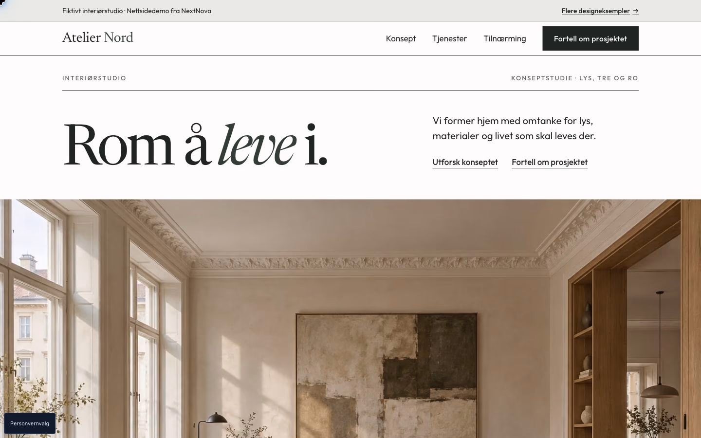 Designstudie for interiør: Lys, tre og ro