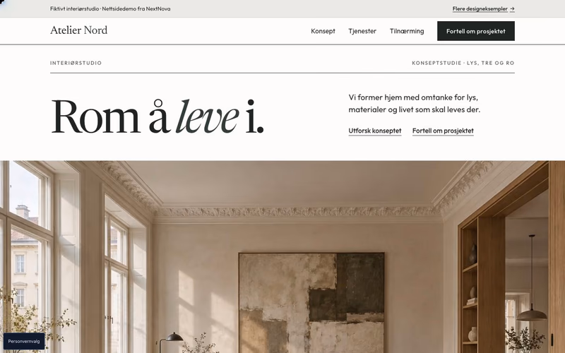 Atelier Nord: monokrom studioside med rombilder og stor seriftypografi