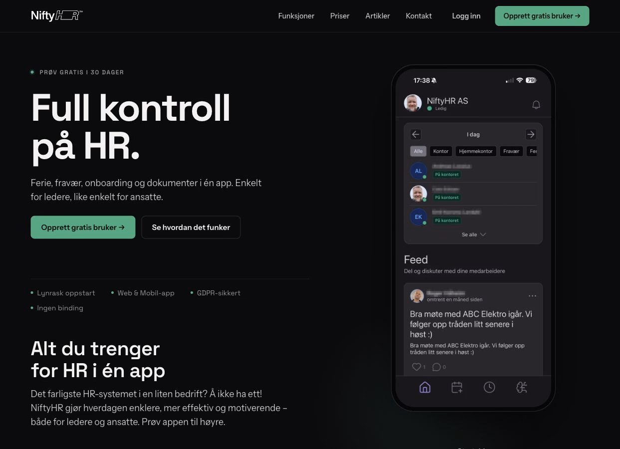 NiftyHR sin forside med mobilvisning av HR-systemet