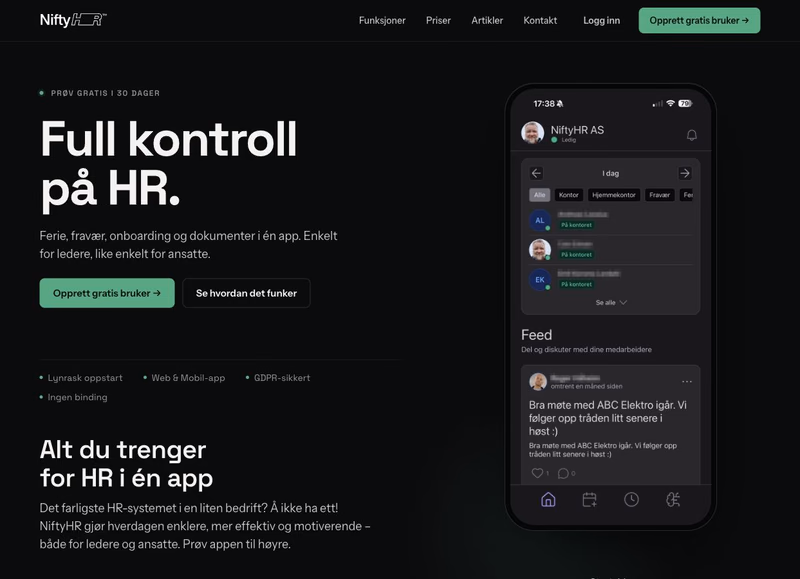 NiftyHR sin forside med mobilvisning av HR-systemet
