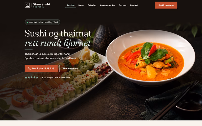Siam Sushi sin nettside med sushi, thaimat og telefonbestilling