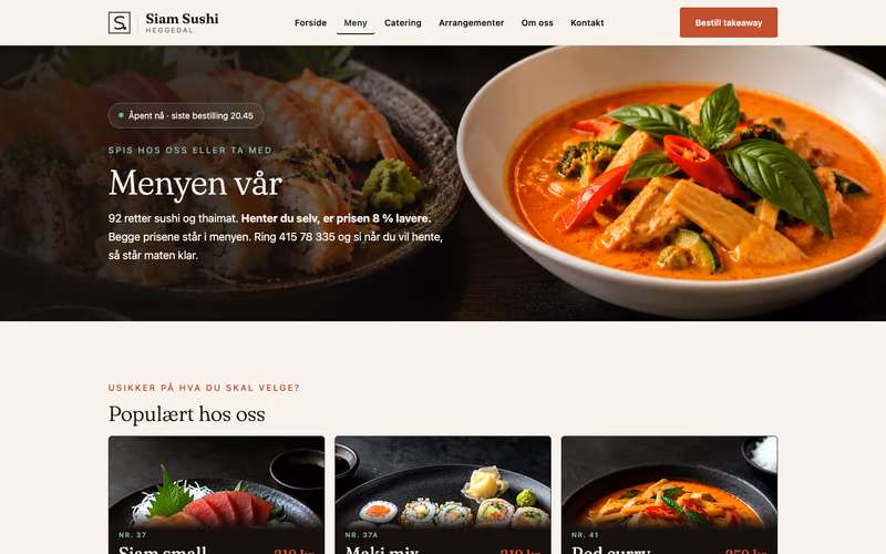 Ferskt utsnitt av Siam Sushi sin meny med kategorier, retter og priser