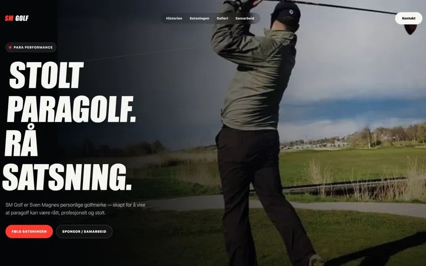 Skjermbilde av forsiden til SM Golf med overskriften «Stolt paragolf. Rå satsning.» ved siden av en golfspiller i utslag