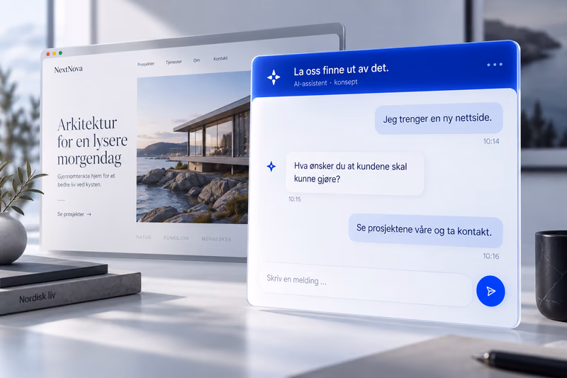 AI-generert konsept for en samtaleassistent ved siden av en nettside