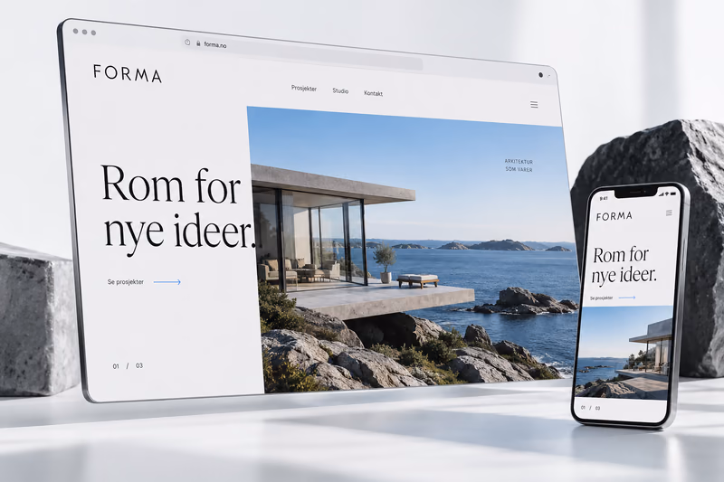 AI-generert konsept for en arkitektnettside, vist på stor og liten skjerm
